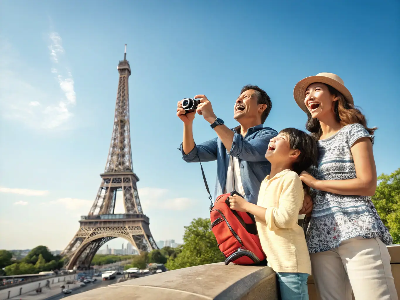 A high-angle shot of a diverse group of tourists laughing and taking photos in front of the Eiffel Tower in Paris, bathed in the warm glow of a sunny afternoon, symbolizing unforgettable travel experiences.