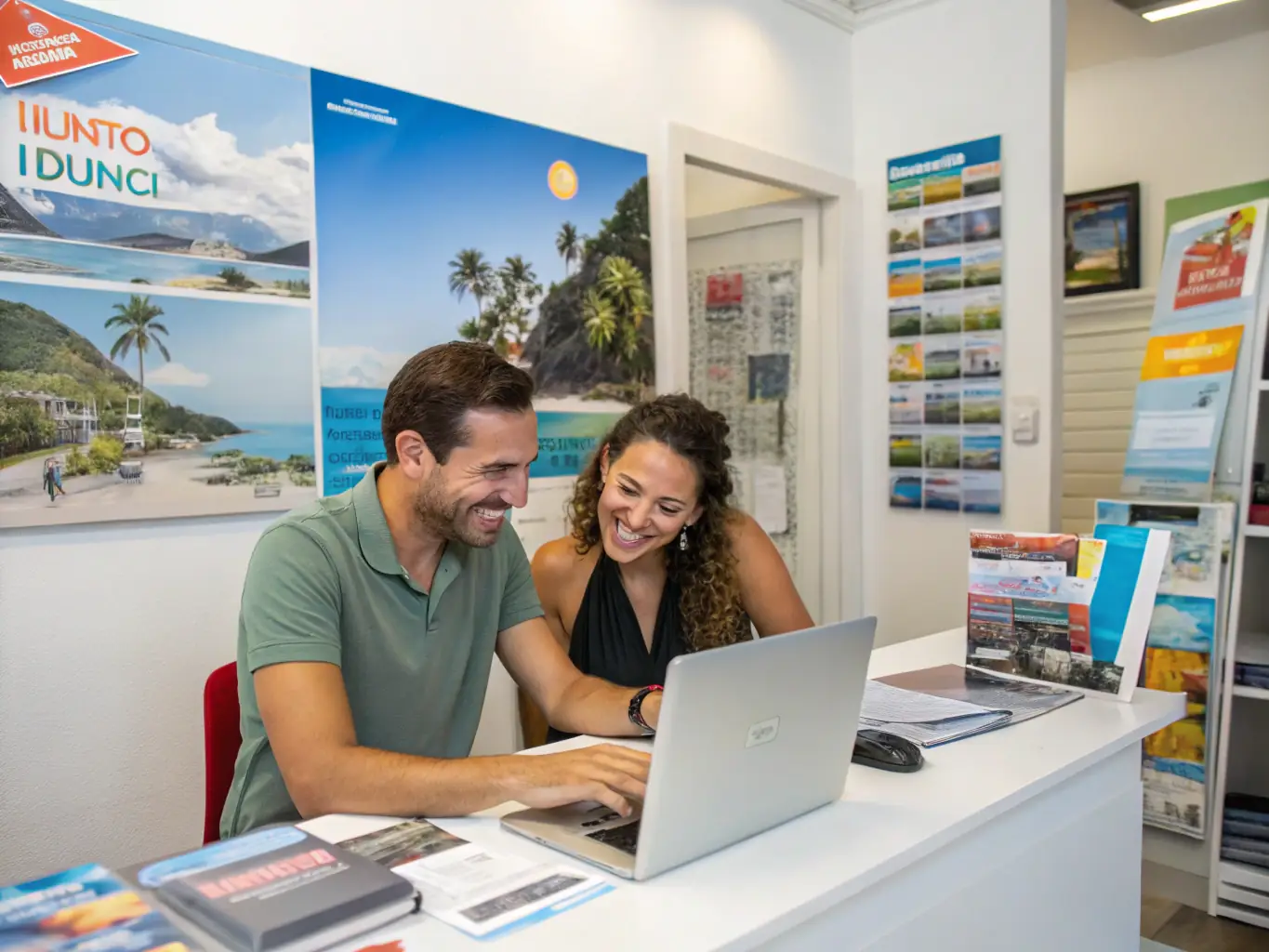 A friendly travel agent assisting a couple with their travel plans in a modern, well-lit office, emphasizing personalized service and attention to detail.