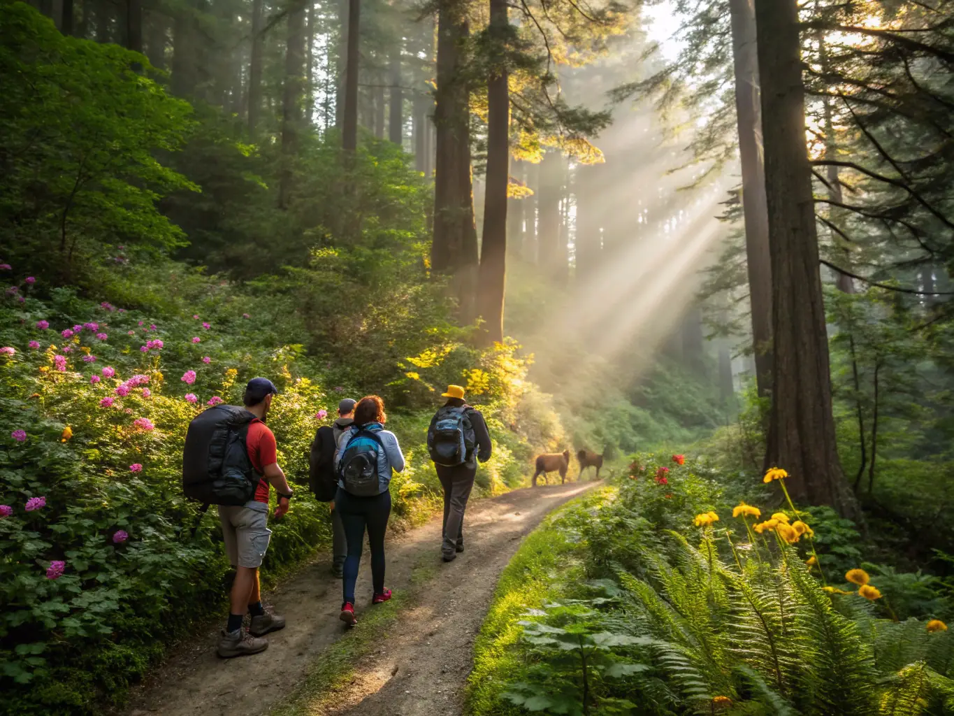 A breathtaking image of a group hiking through the lush rainforest of Costa Rica, with a focus on the diverse flora and fauna. The scene evokes a sense of adventure and natural beauty.