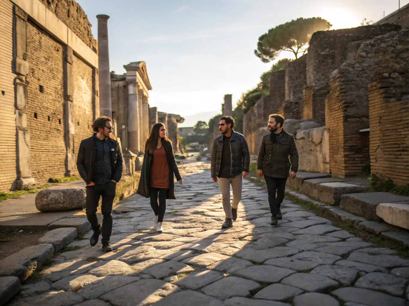 A vibrant image showcasing a group of tourists exploring ancient ruins in Rome, Italy, under a clear blue sky. The scene captures the essence of cultural exploration and historical discovery.